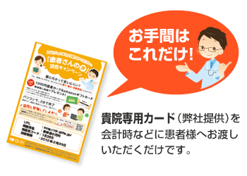 お手間はこれだけ！貴院専用カード（弊社提供）を会計時などにお渡しいただくだけです。